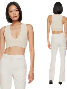Aritzia Babaton Sculpt Knit Cream Ribbed V-Neck Crop Top Small Clean Girl